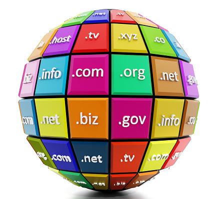Globe with multi colored parts where domain names are written.