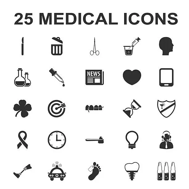 Vector illustration of medicine,care,hospital 25 black simple icons set for web