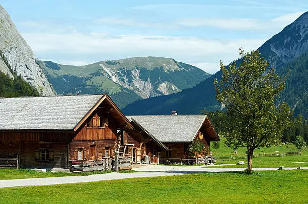 Wooden Barn in Front of Mountain Range, Engalm, Austria