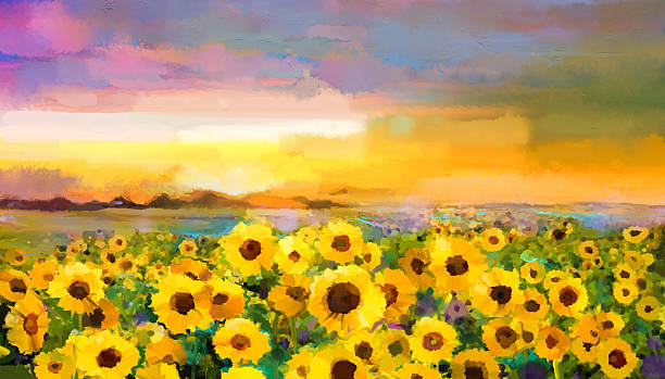 Oil painting yellow- golden Sunflower, Daisy flowers in fields. Oil painting yellow- golden Sunflower, Daisy flowers in fields. Sunset meadow landscape with wildflower, hill and sky in orange, blue violet background. Hand Paint summer floral Impressionist style orange sunflower stock illustrations