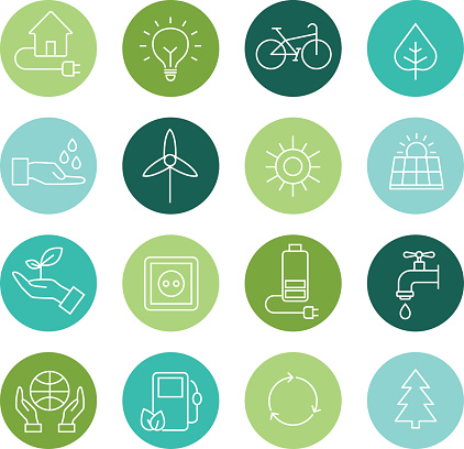 Set of icons representing ecology, environment, renewable energies, nature conservation. Infographic modern thin lines vector design.