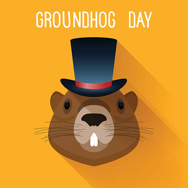 ilustraciones, imágenes clip art, dibujos animados e iconos de stock de marmota en u. graundhog plantilla de tarjeta de día de historieta divertido. - groundhog day