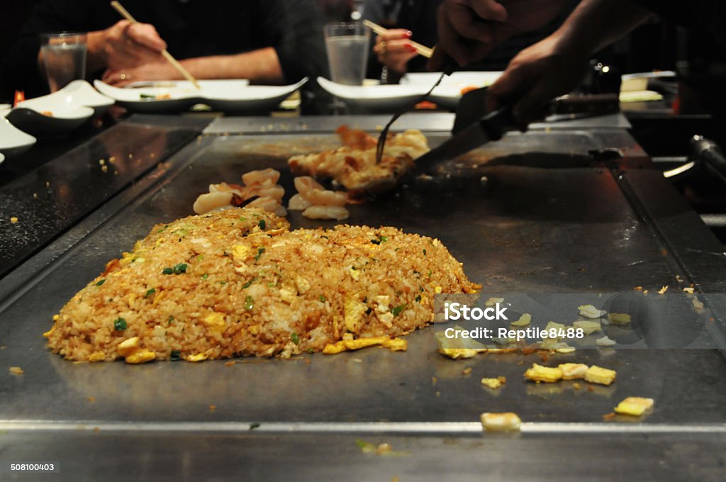 Hibachi Hibachi station after the performance that cooked fried rice Hibachi Stock Photo