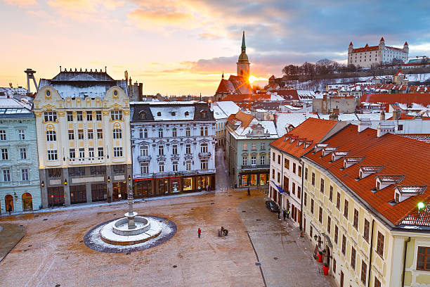 Old town in Bratislava. View of the main square and the old town from the tower of the city hall, Bratislava, Slovakia. bratislava photos stock pictures, royalty-free photos & images