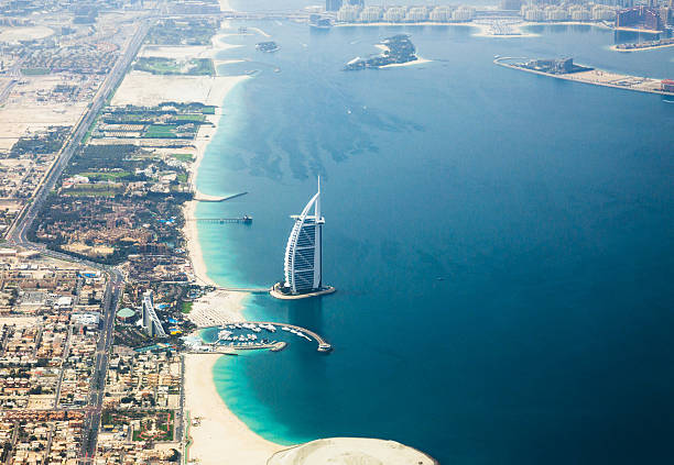 Dubai, United Arab Emirates - February 08, 2014: Skyline view of Dubai showing the iconics Burj al Arab and Burj Khalifa in Dubai, United Arab Emirates. The Burj al Arab is the first seven star hotel in the world.