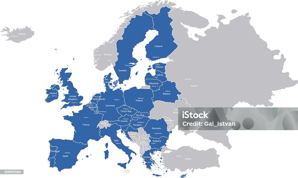 Member state of the EU A map with European Union countries and their capitals. Map stock vector