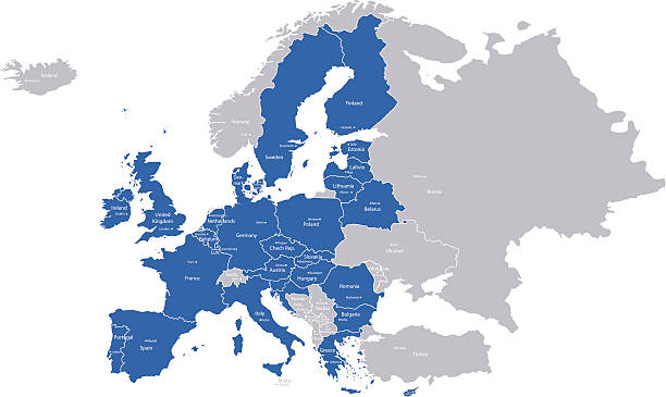 Member state of the EU A map with European Union countries and their capitals. government borders stock illustrations