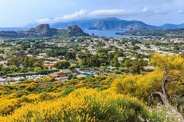 The island of Vulcano in spring, with the island of Lipari in background. Aeolian Islands, Sicily, Italy