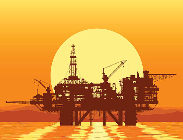 ilustrações, clipart, desenhos animados e ícones de plataforma petrolífera do mar. plataforma de perfuração. - diesel factory water sun