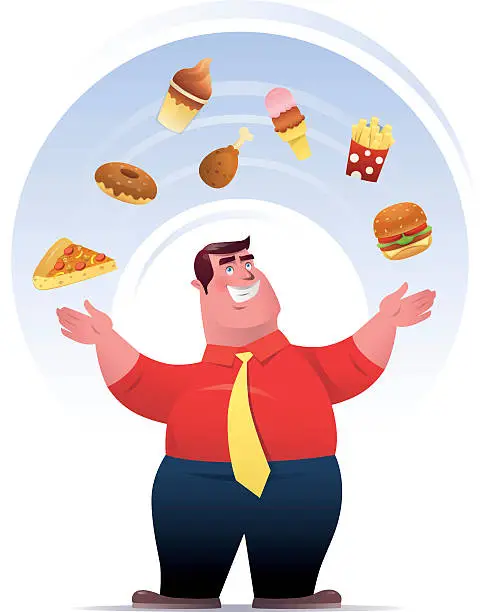 Vector illustration of fat man with junk food
