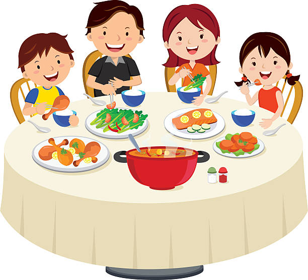 ilustraciones, imágenes clip art, dibujos animados e iconos de stock de familia comiendo la cena. aislado una cena familiar. - dining table illustrations