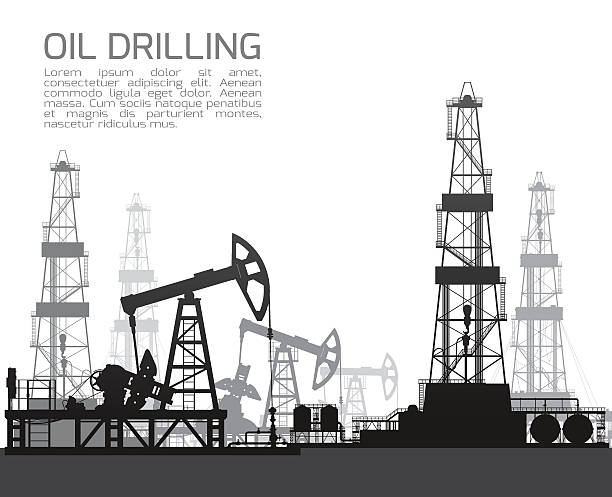 Drilling rigs and oil pumps isolated on white Drilling rigs and oil pumps silhouettes isolated on white background. Detail vector illustration.  oil industry stock illustrations