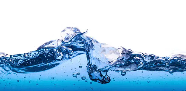 Wave water surface with splash and bubbles of air, isolated on the white background.
