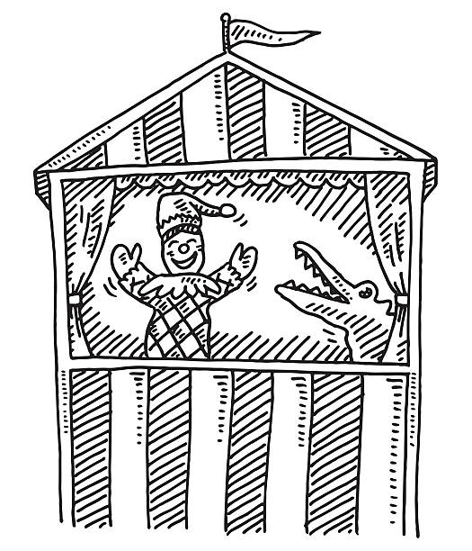 Puppet Theater For Kids Drawing Hand-drawn vector drawing of a Puppet Theater For Kids, with a Clown and an Alligator. Black-and-White sketch on a transparent background (.eps-file). Included files are EPS (v10) and Hi-Res JPG. punch puppet stock illustrations