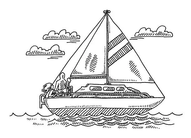 Vector illustration of Sailing Boat Summer Vacation Drawing