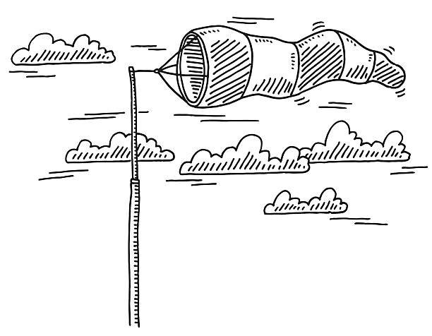 Windsock On A Pole Drawing Hand-drawn vector drawing of a Windsock On A Pole. Black-and-White sketch on a transparent background (.eps-file). Included files are EPS (v10) and Hi-Res JPG. windspeed stock illustrations