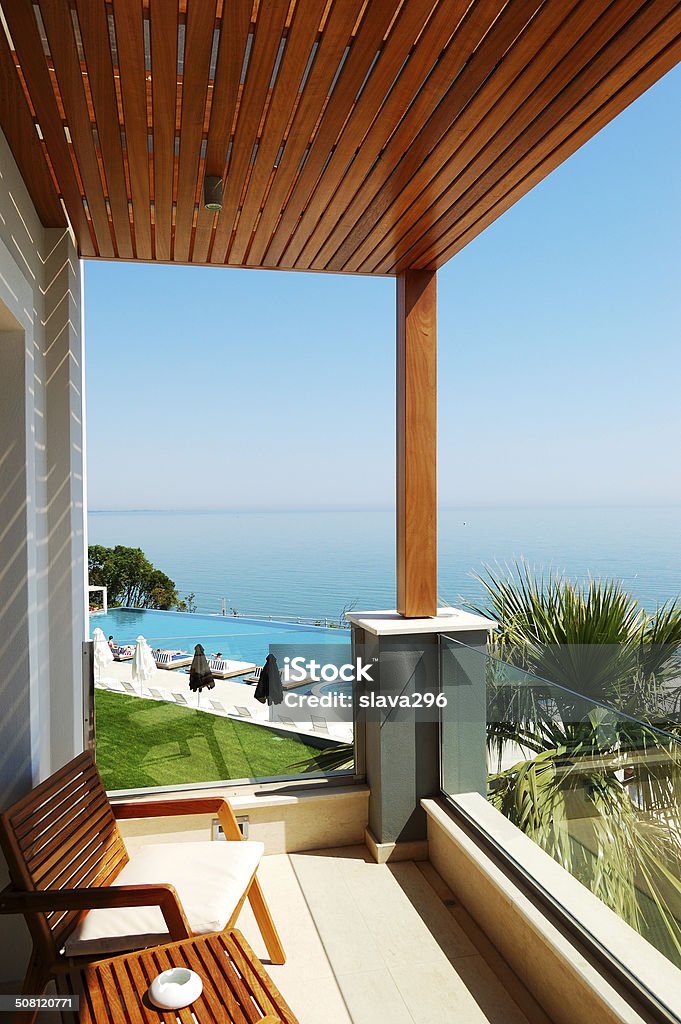 The view on swimming pool at modern luxury hotel The view on swimming pool at the modern luxury hotel, Pieria, Greece Aegean Sea Stock Photo