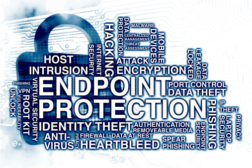 Endpoint Protection word cloud over blue badlock on white