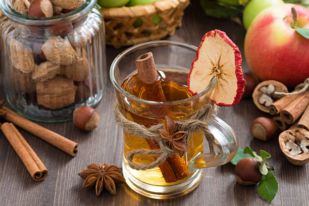istock apple cider with spices in glass mug, top view 508122725