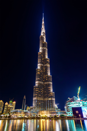 Dubai, UAE - December 28, 2015: Night view of Burj Khalifa tower. Burj Khalifa is the tallest structure in the world (828 m)