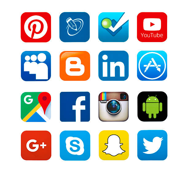 Kiev, Ukraine - September 22, 2015: Set of most popular social media icons: Twitter,linkedin,Youtube, Pinterest, Instagram, Facebook, Skype, Google Plus, Blogger Snapchat,and others printed on paper.