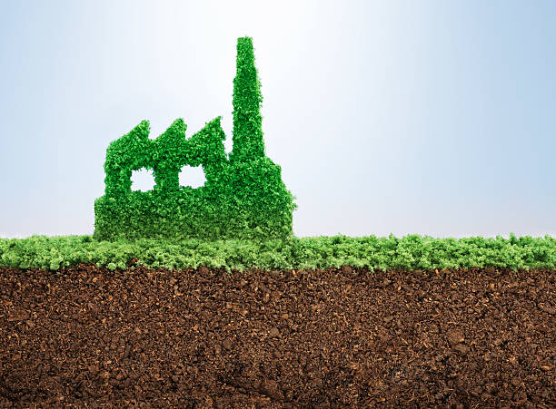 Sustainable industrial development Sustainable industrial development concept with grass growing in shape of factory folliage stock pictures, royalty-free photos & images