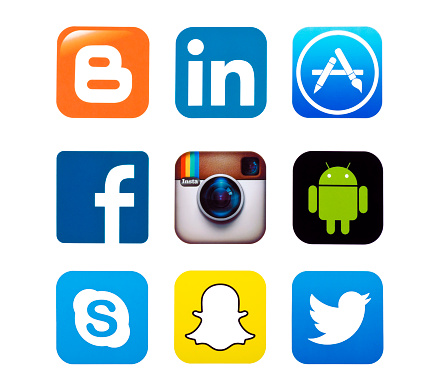 Kiev, Ukraine - September 22, 2015 Set of most popular social media icons: Twitter,linkedin, Instagram, Facebook, Skype, Blogger Snapchat, and others printed on paper.