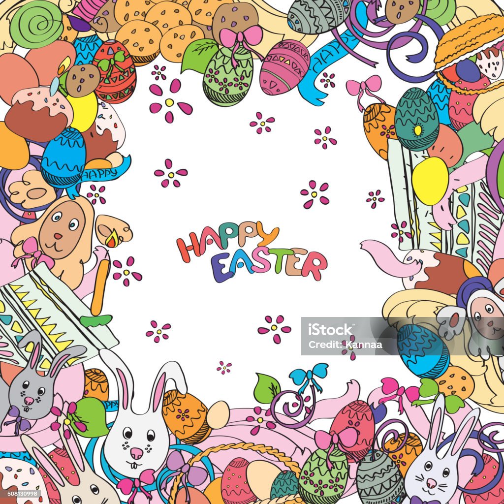 Awesome Happy Easter card in vector Happy Easter card in vector. Frame made of funny rabbits, eggs, easter cakes and spring flowers. Stylish holiday background in sketch doodle style.  Greeting card Animal stock vector
