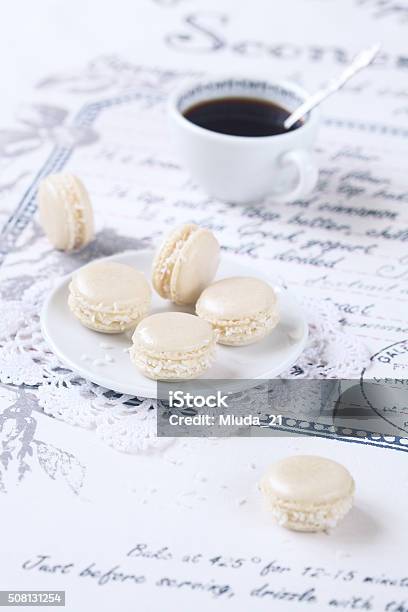 Coconut Macarons With White Chocolate Cream Cheese Filling Stock Photo - Download Image Now