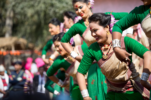 Faridabad, Haryana India - February 2, 2016: India's Famous Assami dancers performing dance at Surajkund Crafts Fair Faridabad India