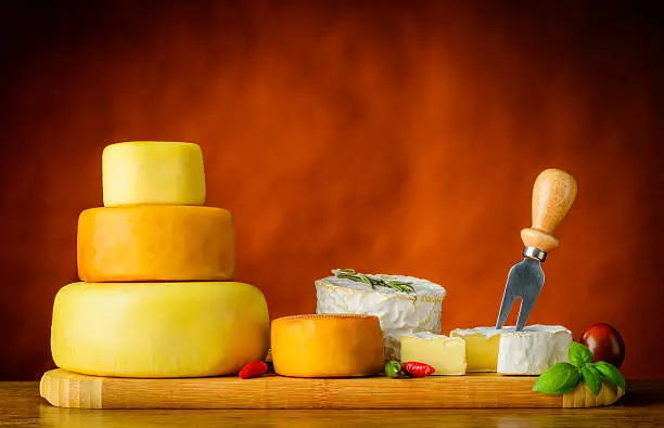 Cheese wheel and camembert cheese in still life