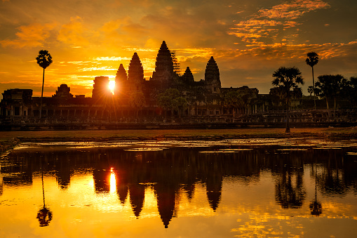 The East Mebon, a 10th Century temple at Angkor, Cambodia. Built during the reign of King Rajendravarman, it stands on what was an artificial island at the center of the now dry East Baray reservoir.