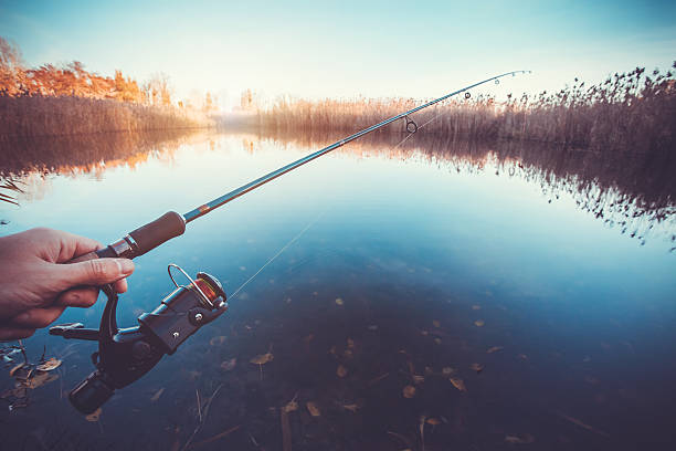 istock hand with spinning and reel on the evening summer lake 508135958