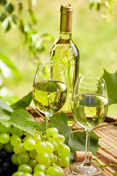 istock Grape and white wine on wooden barrel , garden terrace 508137008