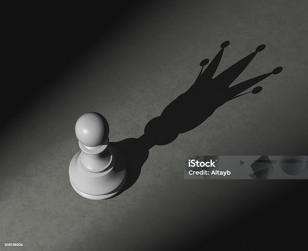 Pawn with shadow of the king Pawn with shadow of the king , strength and power concept , 3d render Chess Stock Photo