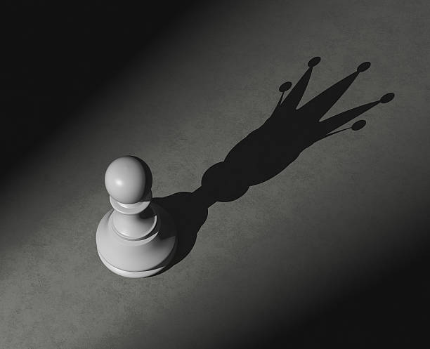 Pawn with shadow of the king Pawn with shadow of the king , strength and power concept , 3d render king chess piece stock pictures, royalty-free photos & images