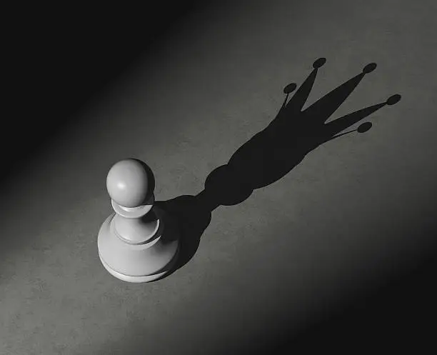 Pawn with shadow of the king , strength and power concept , 3d render