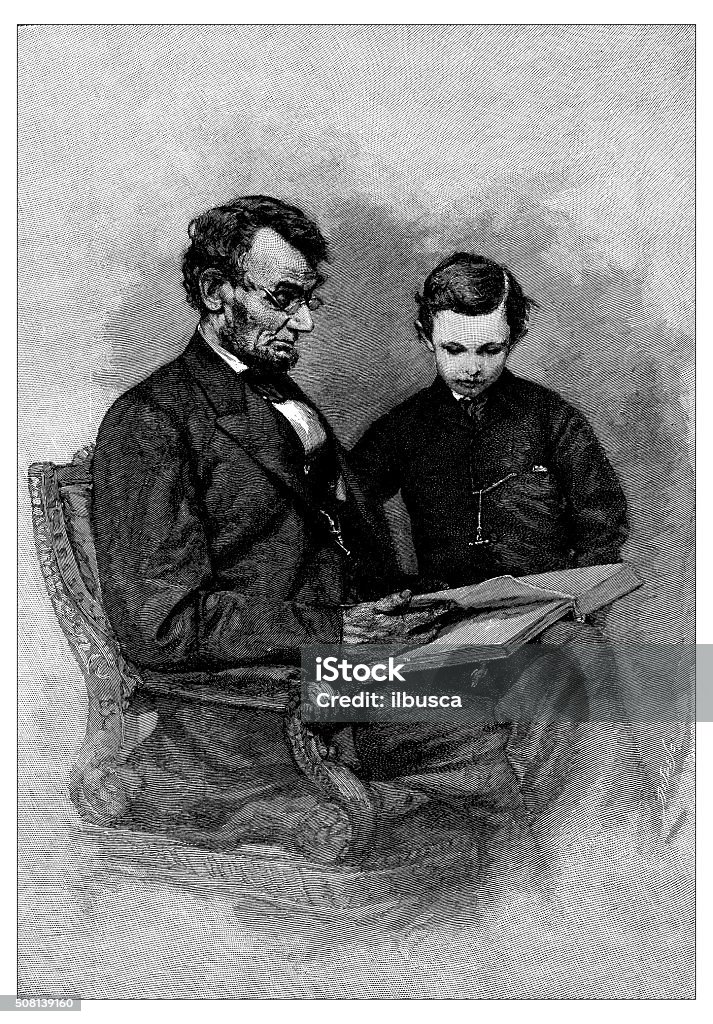 Antique illustration of Abraham Lincoln and his son 19th Century stock illustration