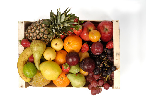 wooden box with fruits