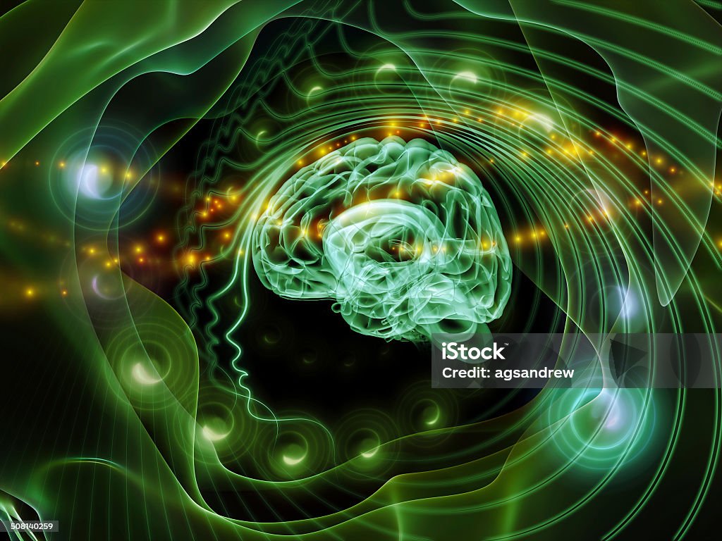 Mind Abstraction Human Mind series. Artistic abstraction composed of brain, human outlines and fractal elements on the subject technology, science, education and human mind Alertness Stock Photo