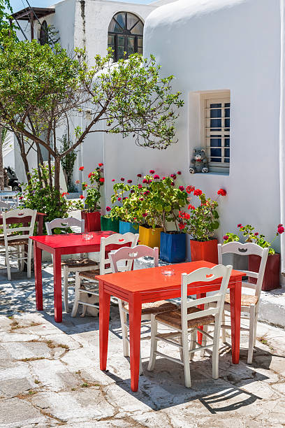 Typical tavern terrace in Mykonos stock photo