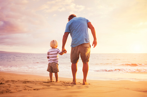 Father and son standing on the sea shore holding hands at sunset