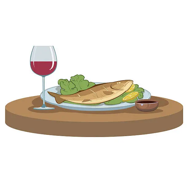 Vector illustration of delicious dinner with a glass of wine