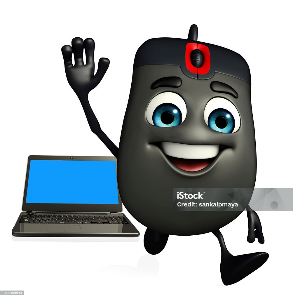 Computer Mouse Character with Laptop Cartoon Character of Computer Mouse with Laptop Activity Stock Photo