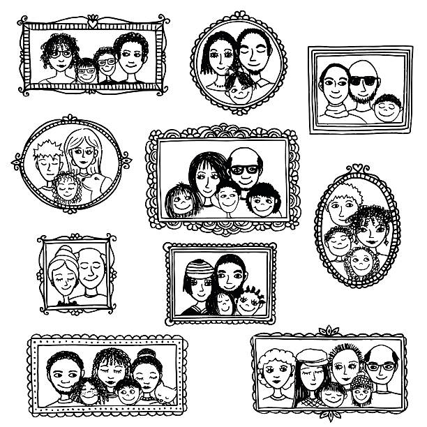 Hand drawn picture frames with family portraits vector art illustration