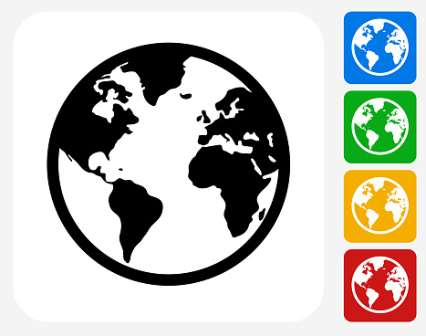 Globe Icon. This 100% royalty free vector illustration features the main icon pictured in black inside a white square. The alternative color options in blue, green, yellow and red are on the right of the icon and are arranged in a vertical column.