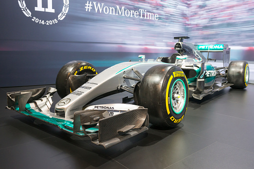 Brussels, Belgium - Januari 12, 2016: The 2015 championship winning Mercedes F1 W06 Hybrid race car of Lewis Hamilton and Nico Rosberg. The F1 W06 Hybrid was the most dominant F1 car in the 2015 Formula 1 season. The F1 W06 Hybrid took sixteen wins, eighteen pole positions, thirteen fastest laps and twelve 1–2 finishes. The car is on display during the 2016 Brussels Motor Show. 