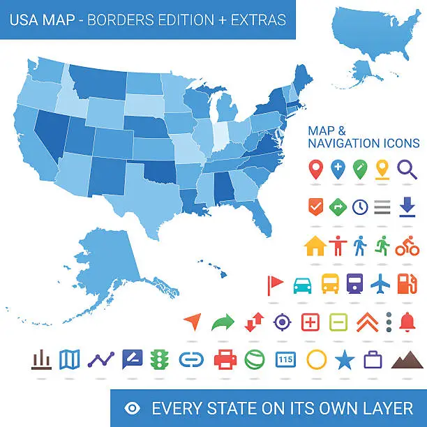Vector illustration of Map of the United States of America with navigation icons