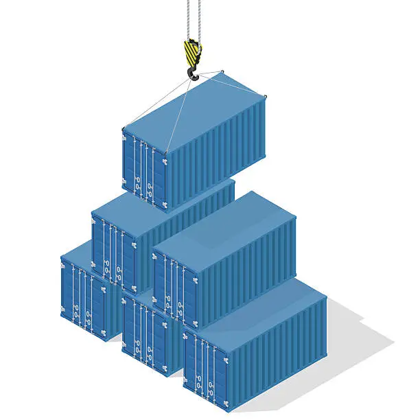 Vector illustration of Pyramid of sea containers. The top container lowered the crane