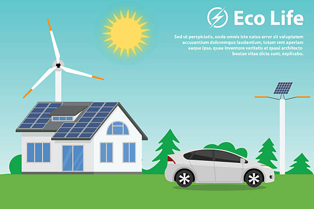 환경을 보호하며, 재생 에너지 자원 사용 - solar power station solar panel sun house stock illustrations